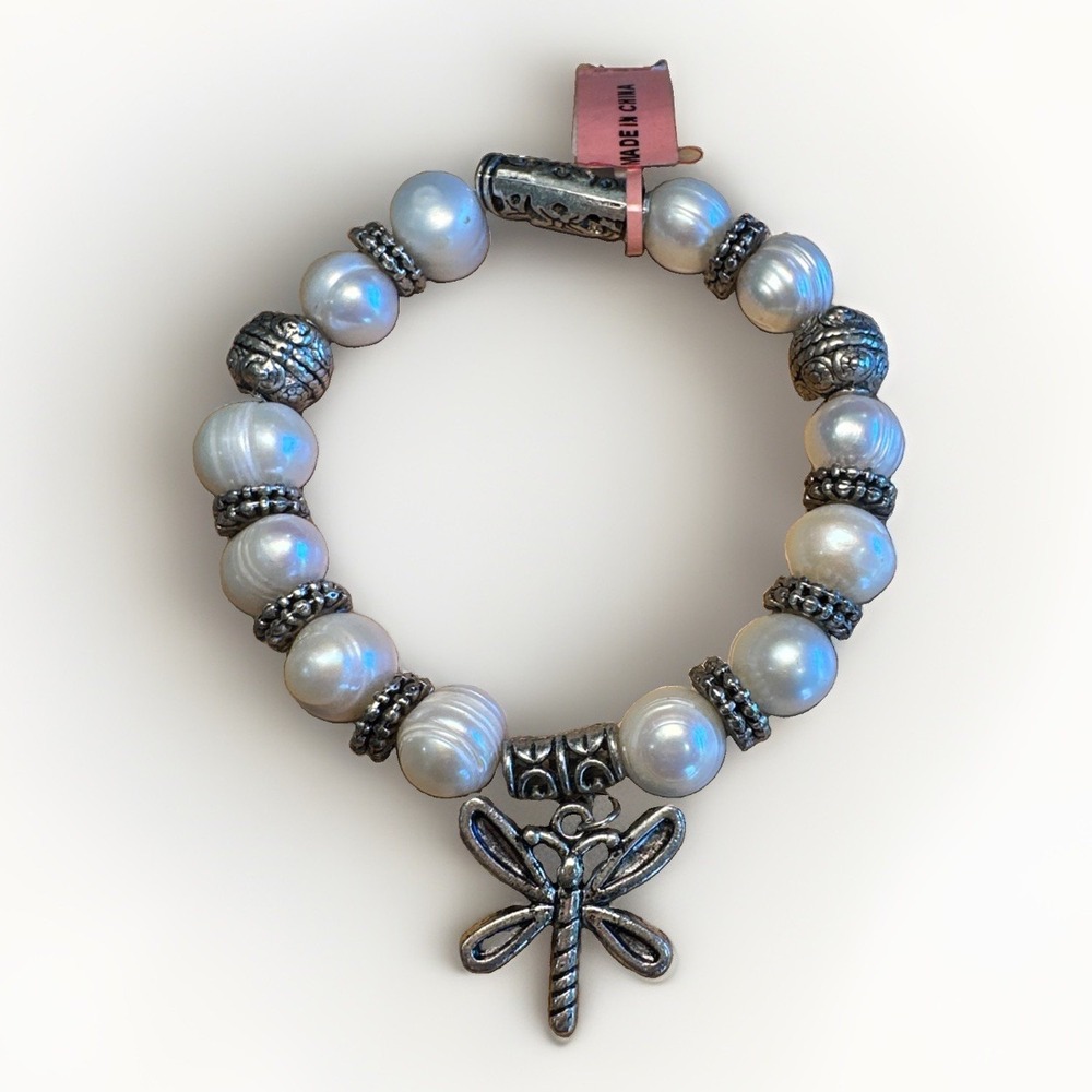 White Pearl Beaded Stretch Bracelet Silver Tone Ornate Dragonfly Charm New
